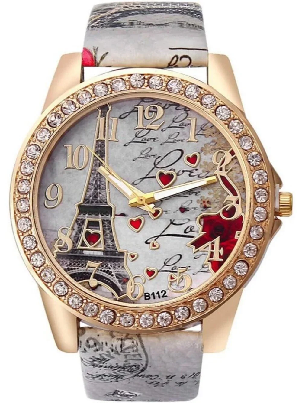 Women's Grey Analog Quartz Solid Pu Leather Strap Bling Rhinestone Wrist Watch